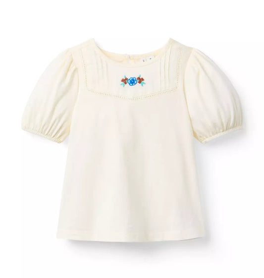 Janie and Jack - Alphine Ecru Embroidered Floral Puff Sleeve Top
