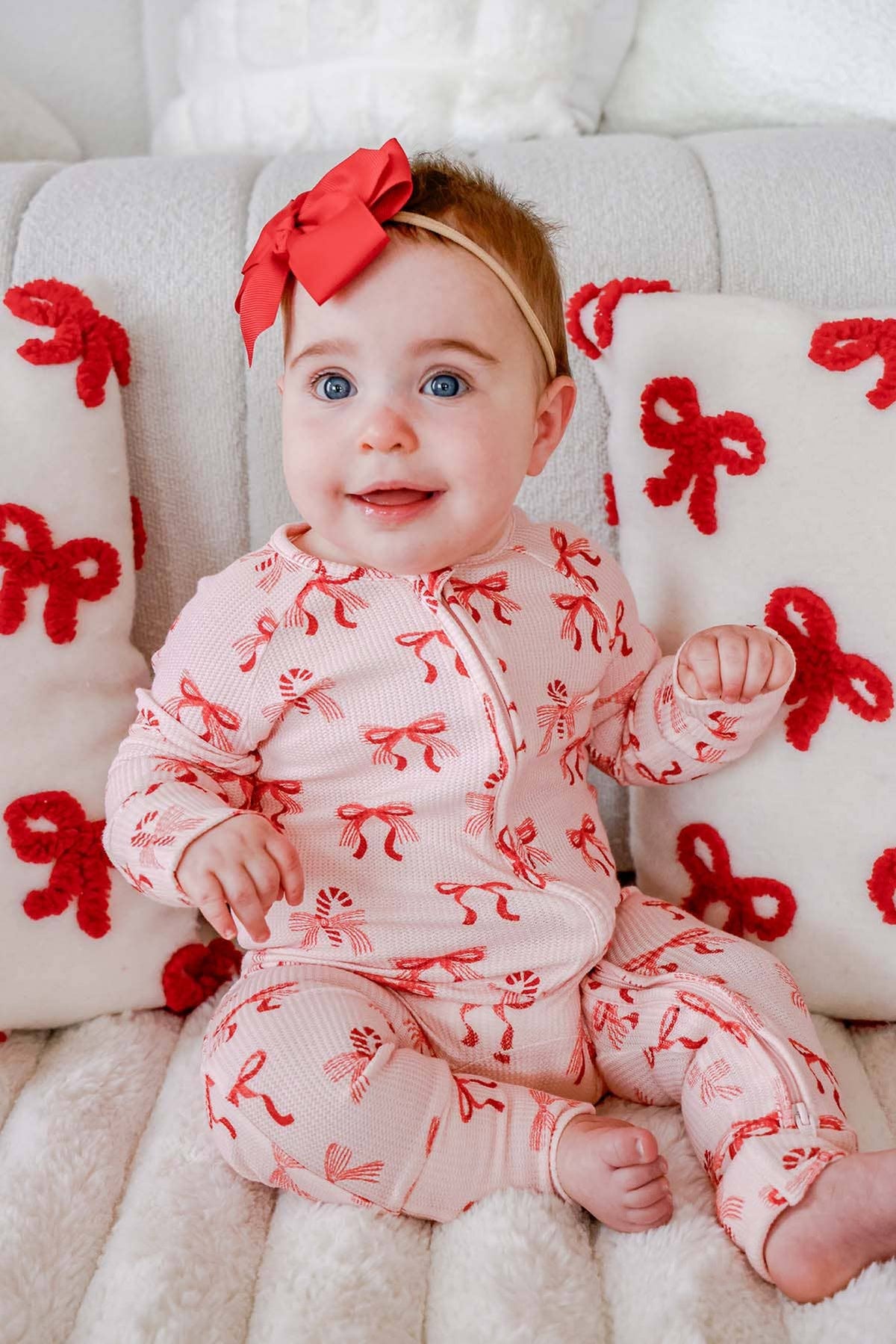 Caden Lane - Christmas Bamboo Waffle Convertible Zipper Romper | Peppermint Bows
