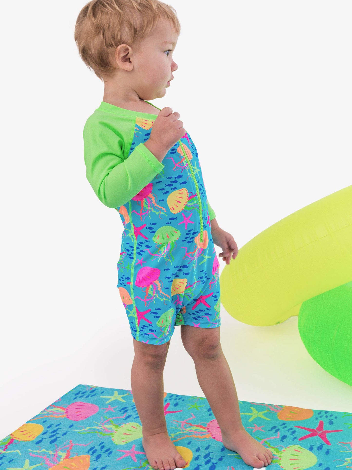RuffleButts + RuggedButts - Baby Boys Neon Jelly Time Long Sleeve One Piece Rash Guard Swimsuit: Blue