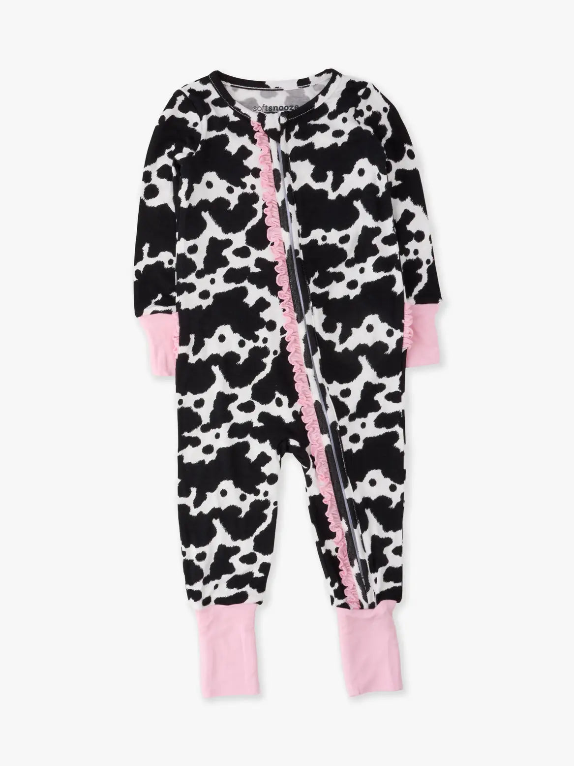 RuffleButts + RuggedButts - SoftSnooze™ Baby Girls Bamboo Viscose Moo Crew Convertible Ruffle One Piece Footie Pajama