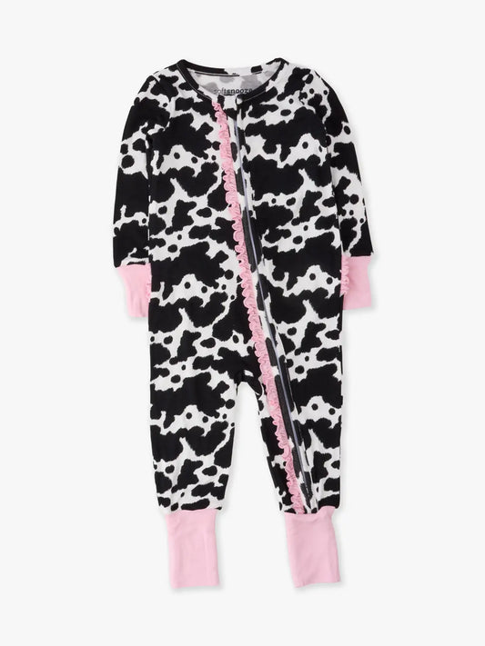 RuffleButts + RuggedButts - SoftSnooze™ Baby Girls Bamboo Viscose Moo Crew Convertible Ruffle One Piece Footie Pajama