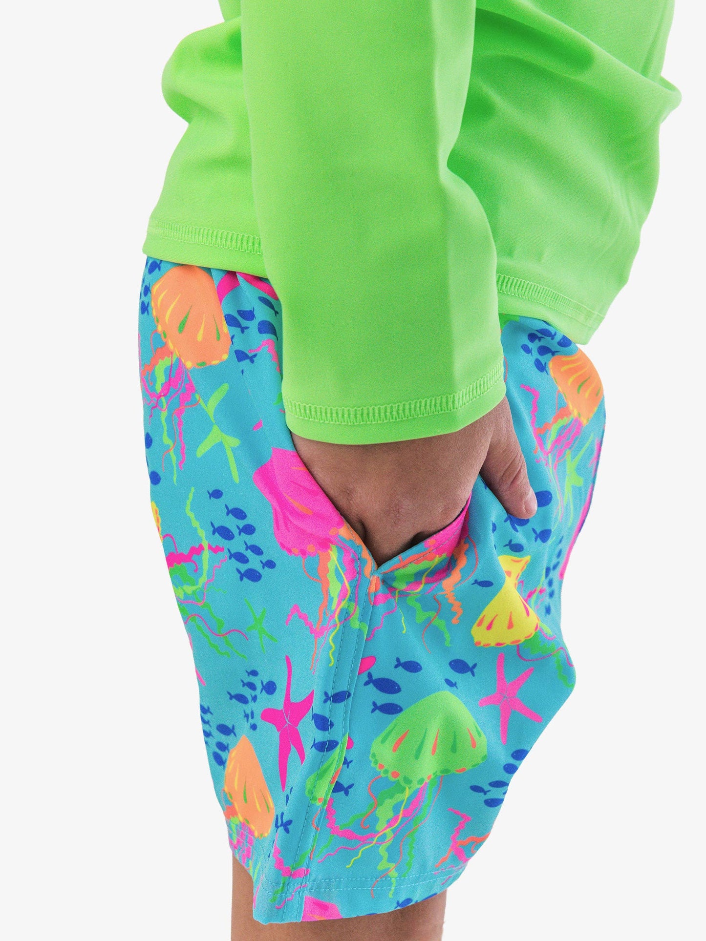 RuffleButts + RuggedButts - Boys Neon Jelly Time Performance Hybrid Swim Trunks: Blue