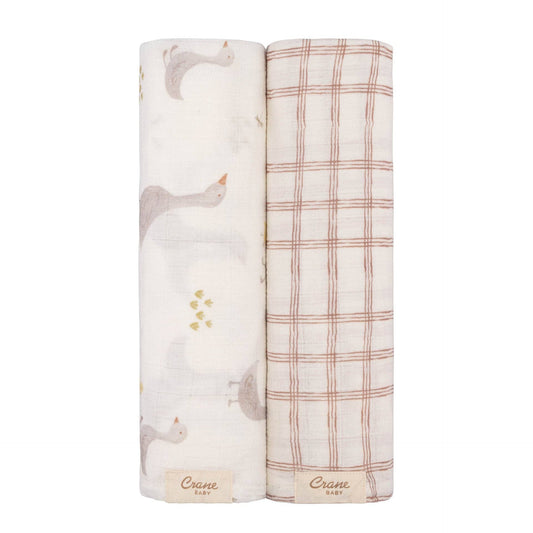 Crane Baby - Charlie 2-pc. Farmhouse Goose/Check Swaddle Set