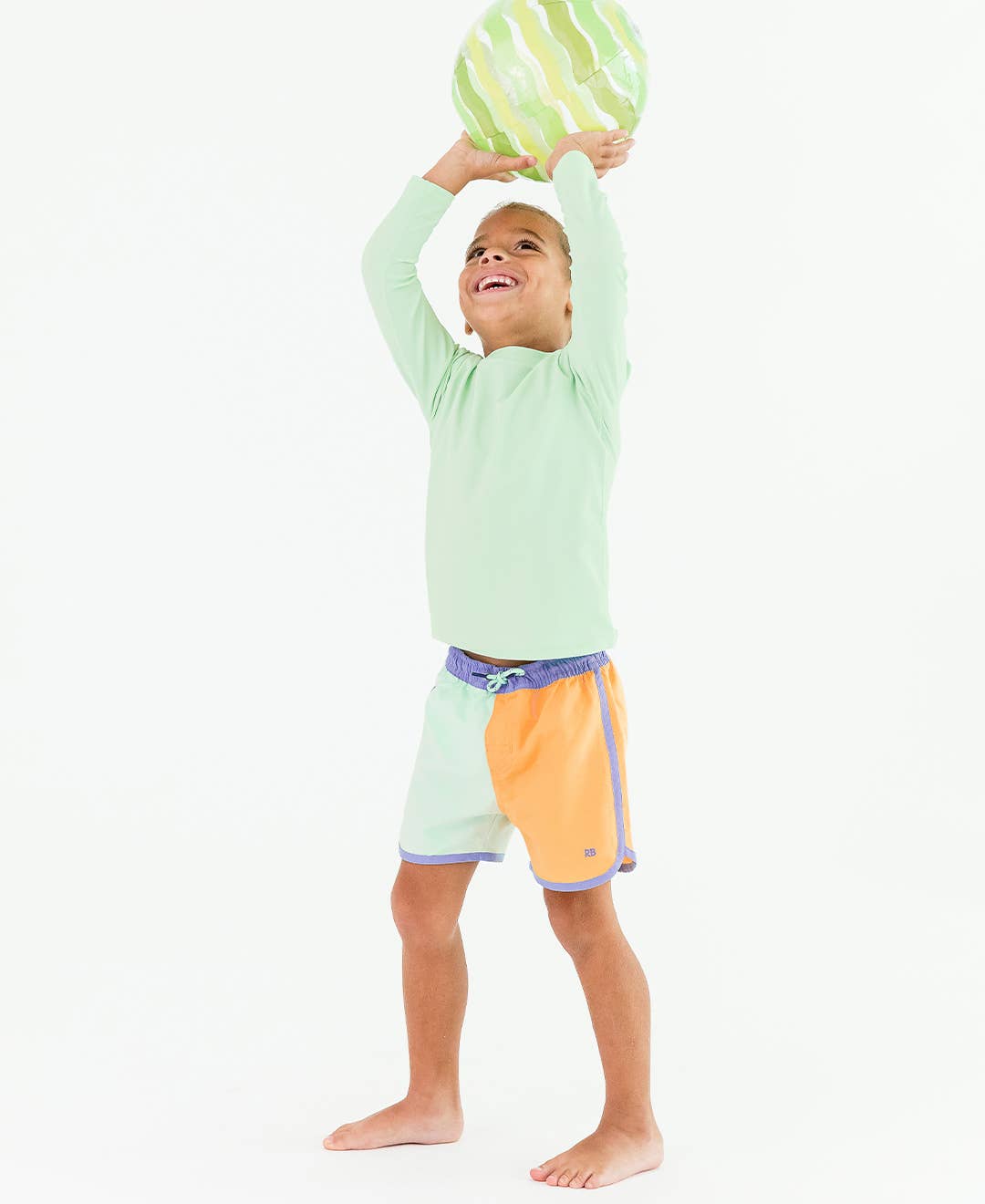 RuffleButts + RuggedButts - Boys Periwinkle, Frost Green, and Ginger Color Block Dolphin Hem Swim Trunks: Multi-Color