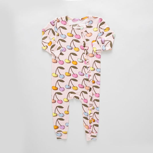 Pink Chicken - Baby Ruffle Bamboo Romper - Cloud Pink Cherry