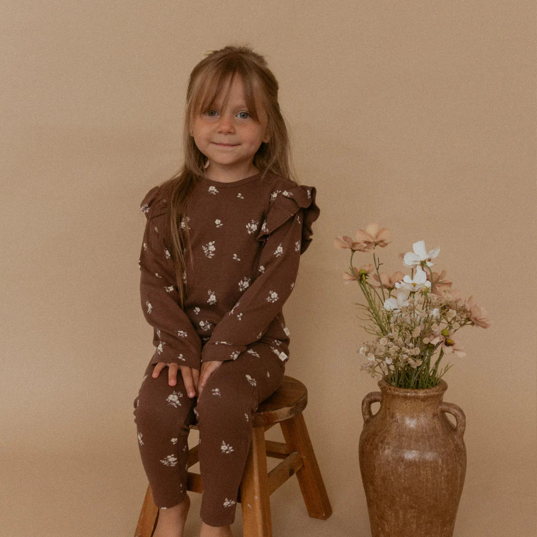 Makemake Organics - Organic Ruffle Long Sleeve & Legging Set - Dark Brown Top
