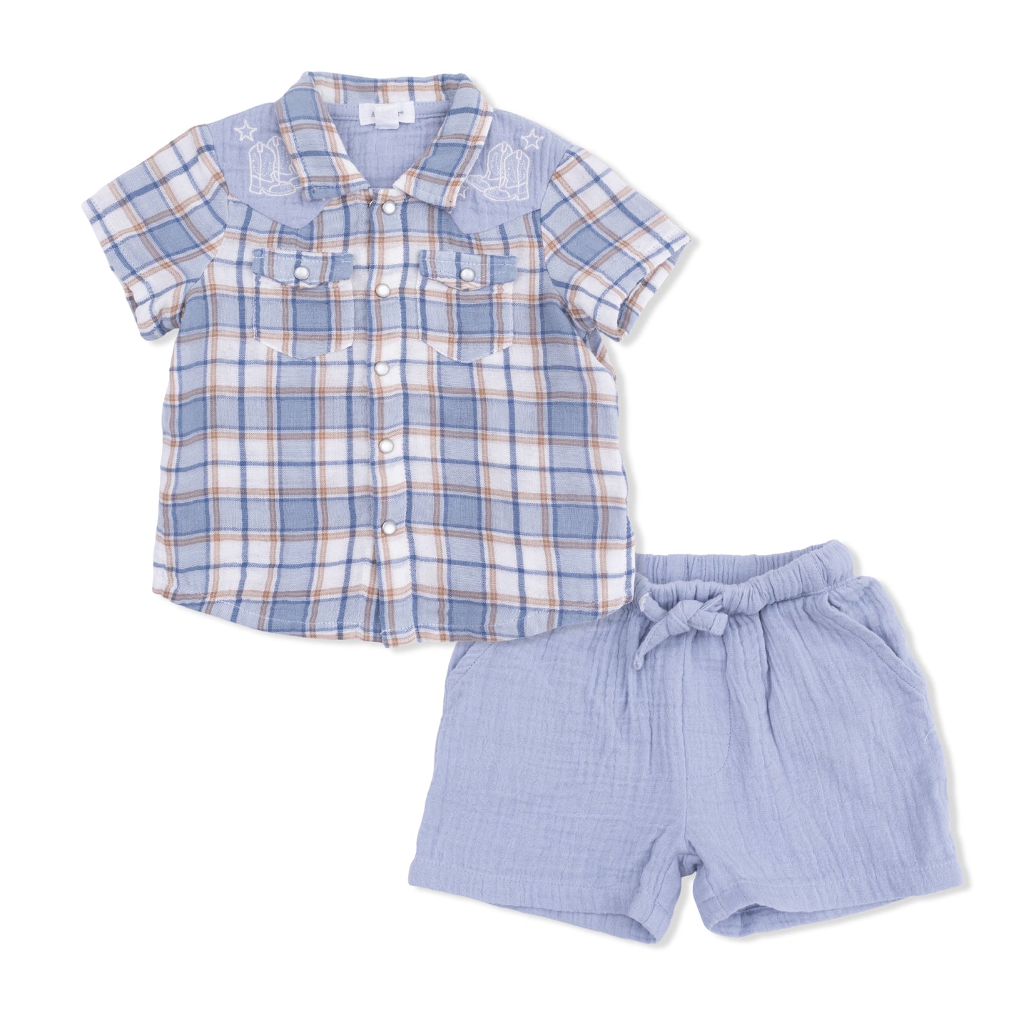 Angel Dear - Western Boot Plaid - Short Sleeve Western Pearl Snap Shirt with Casual Short