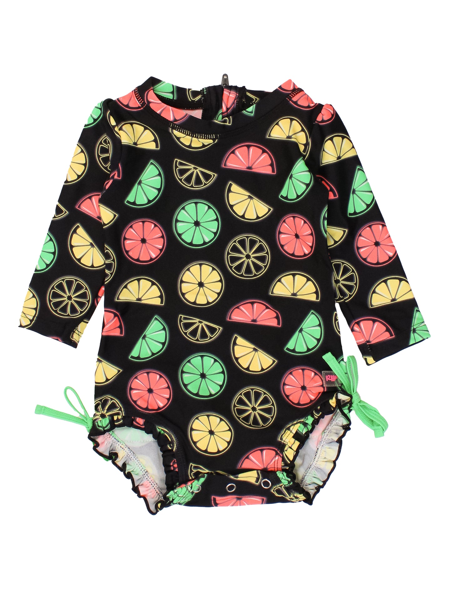 Rufflebutts - Neon Black Citrus Long Sleeve One Piece Rash Guard