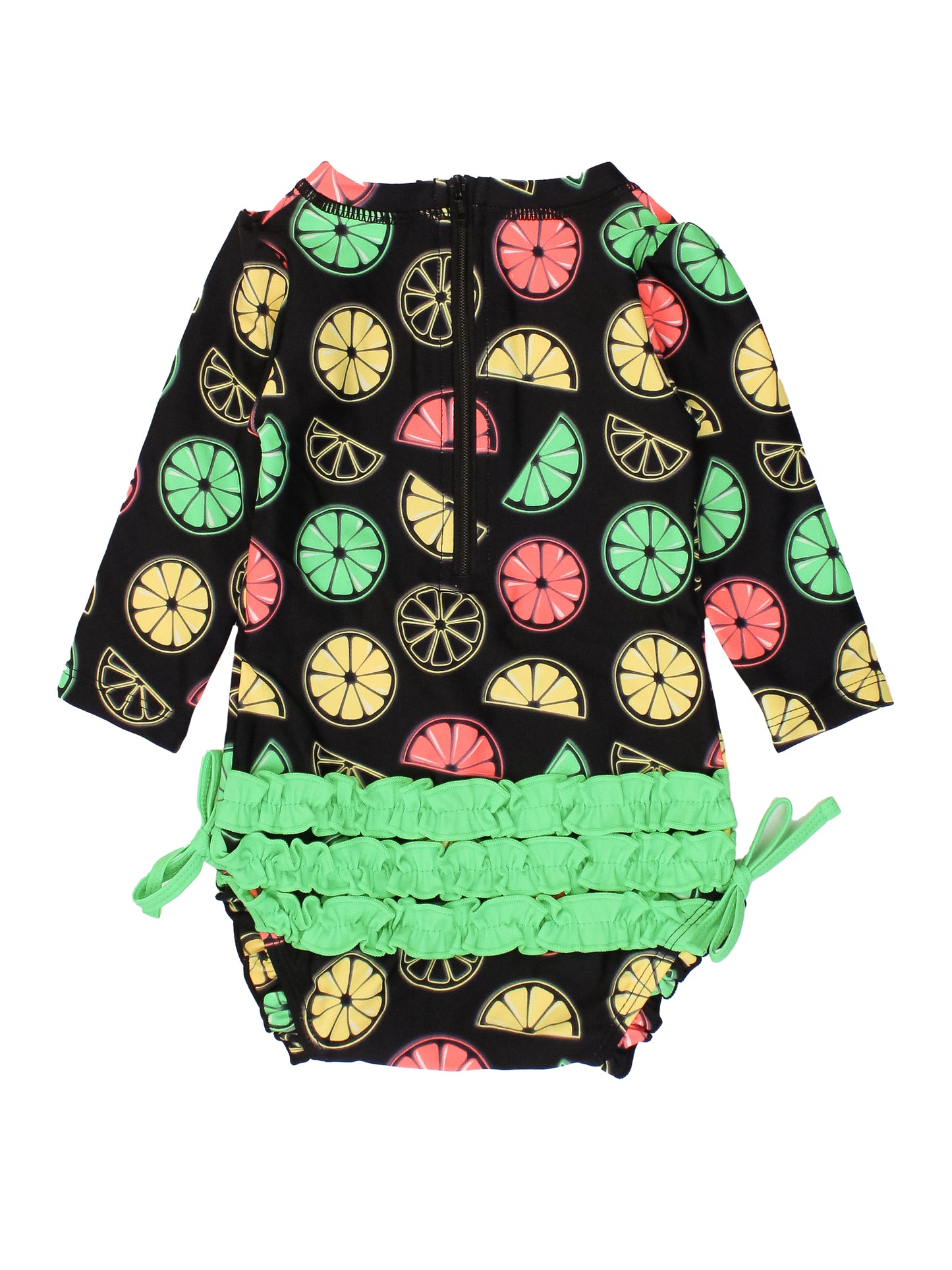 Rufflebutts - Neon Black Citrus Long Sleeve One Piece Rash Guard