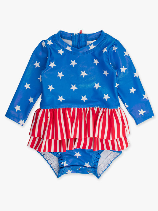 Rufflebutts - Shimmer Stars + Stripes Long Sleeve Skirted One Piece Rash Guard