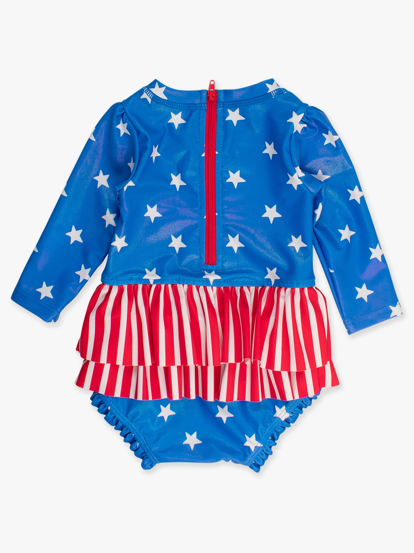 Rufflebutts - Shimmer Stars + Stripes Long Sleeve Skirted One Piece Rash Guard