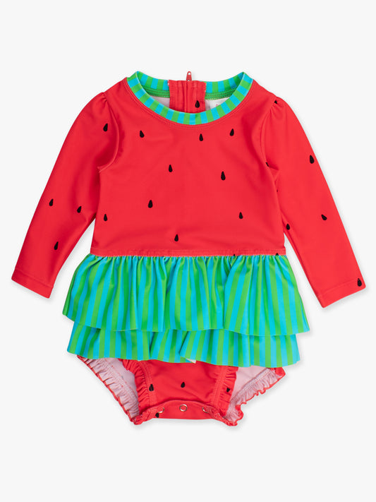 Rufflebutts - Watermelon Long Sleeve Skirted One Piece Rash Guard