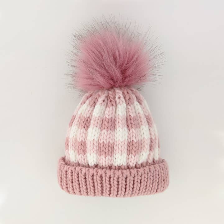 Huggalugs - Rosy Pink Buffalo Check Pom Pom Beanie Hat