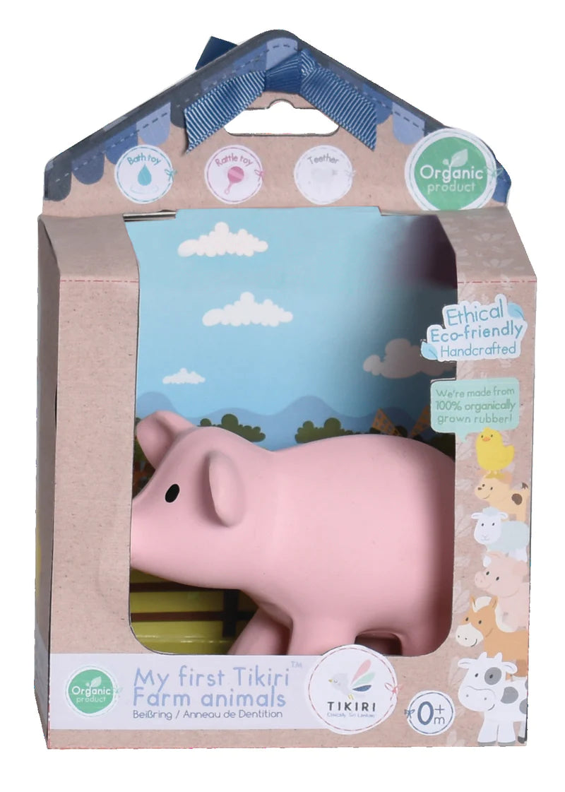 Tikiri - Pig Organic Natural Rubber Rattle, Teether & Bath Toy